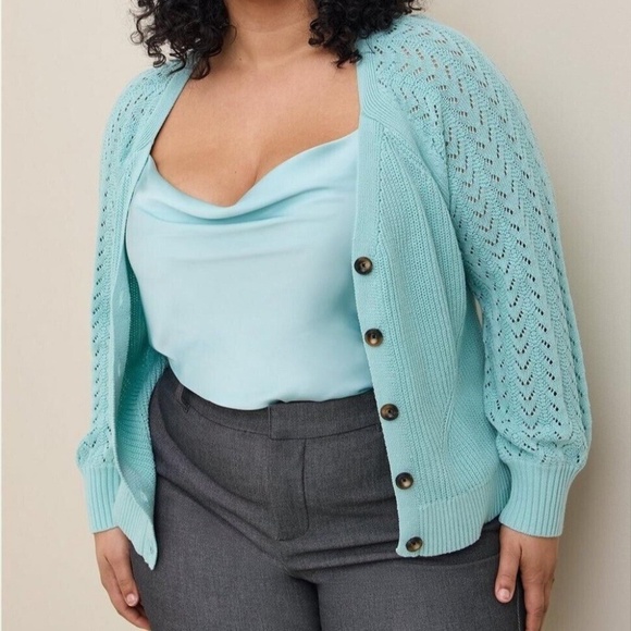 Torrid Pointelle Cardigan Balloon Sleeve Sweater Blue 5X Open Comfy Cozy Holiday - Picture 1 of 12